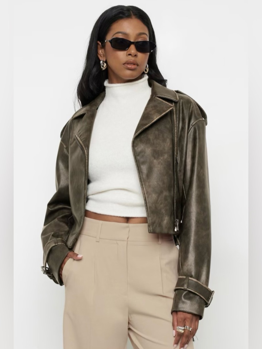 DYNAMITE | Faded Faux Leather Biker Jacket